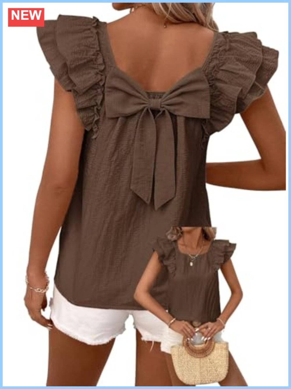 Womens Bow Tie Back Babydoll Top Ruffle Short Sleeve Vneck Blouse